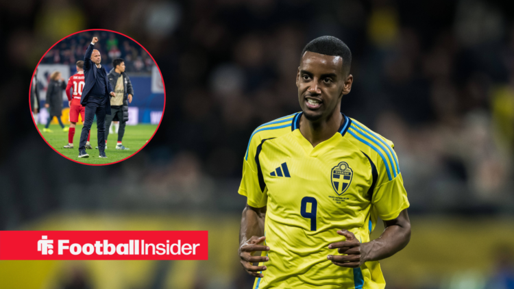 Alexander Isak in a yellow Sweden kit and Arne Slot in a black coat in a red circle