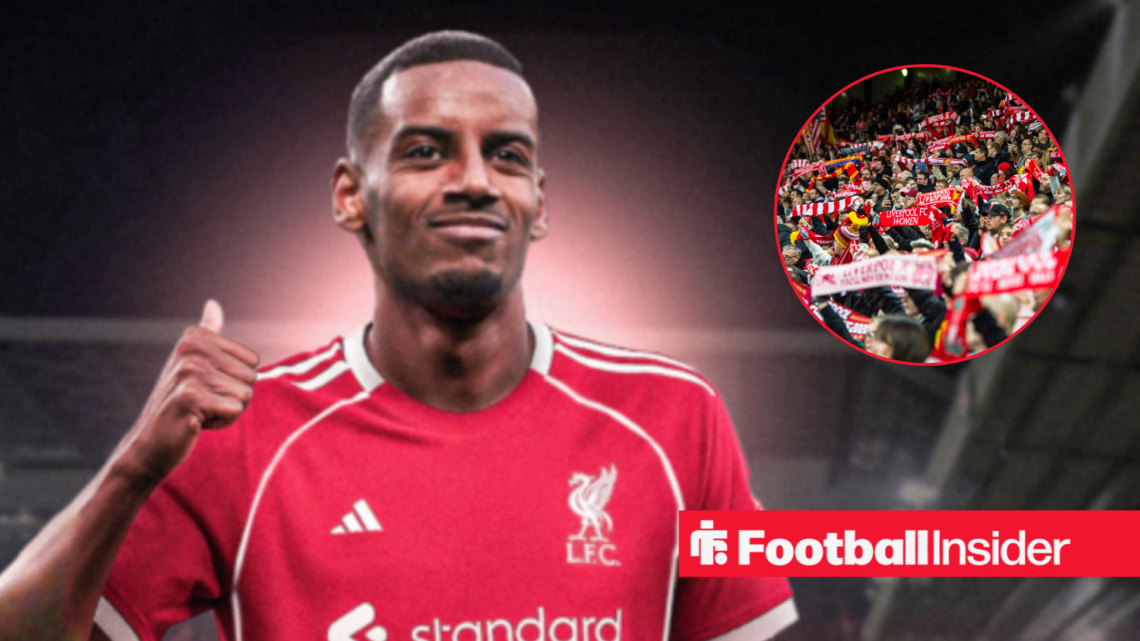Alexander Isak in a red Liverpool kit and Liverpool fans holding red scarves in a red circle