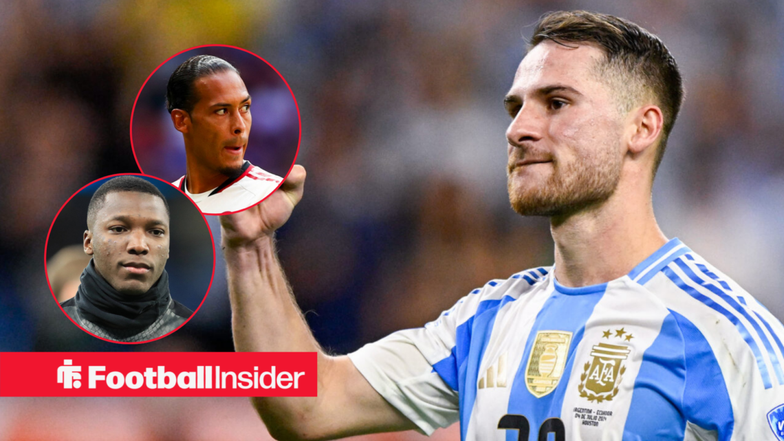 Alexis Mac Allister in Argentina shirt with Virgil van Dijk and Moises Caicedo