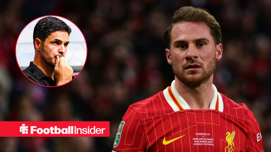 Alexis Mac Allister in home Liverpool shirt with Mikel Arteta inset