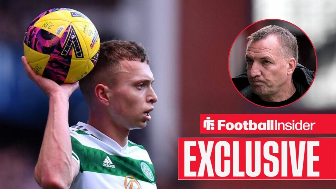 Alistair Johnston holding a yellow ball on the left with Celtic manager Brendan Rodgers looking serious on the right above an EXCLUSIVE banner