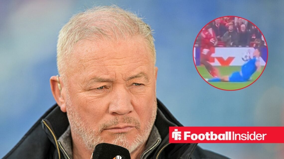 Ally McCoist in a black jacket holding a microphone and Liverpool handball in inset