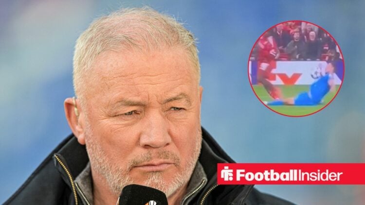 Ally McCoist in a black jacket holding a microphone and Liverpool handball in inset