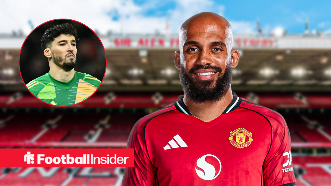 Manchester United goalkeeper Altay Bayindir in a circular frame next to Bryan Mbeumo stood at Old Trafford