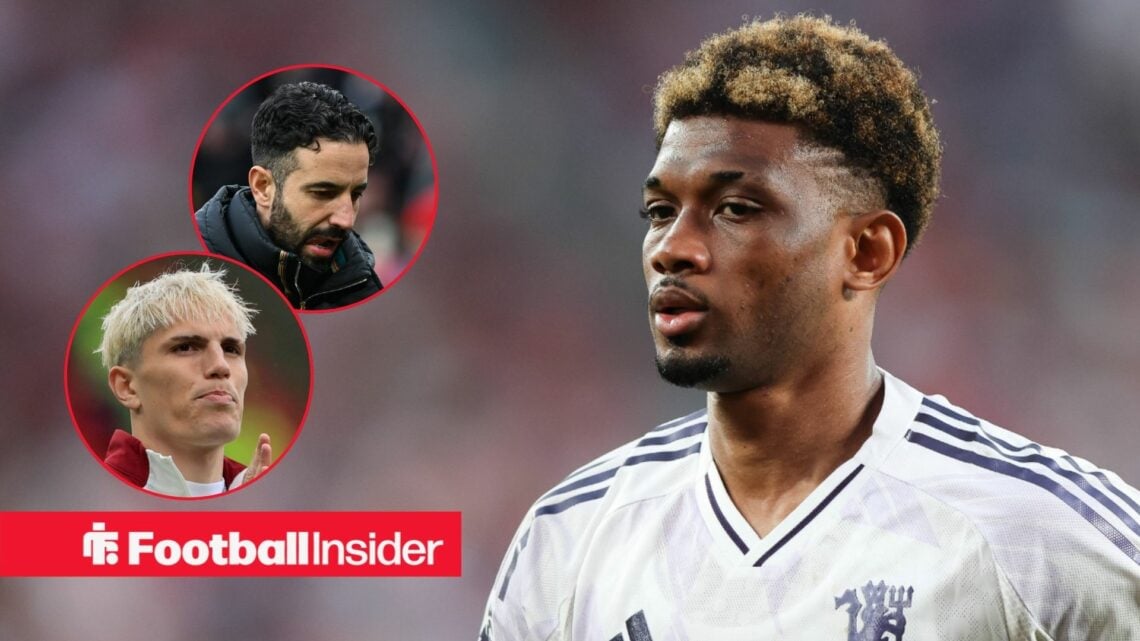 Amad Diallo in white away shirt with Alejandro Garnacho and Ruben Amorim