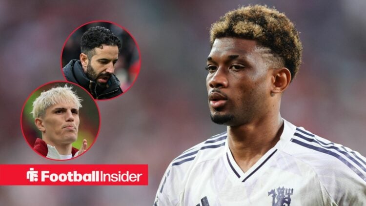 Amad Diallo in white away shirt with Alejandro Garnacho and Ruben Amorim