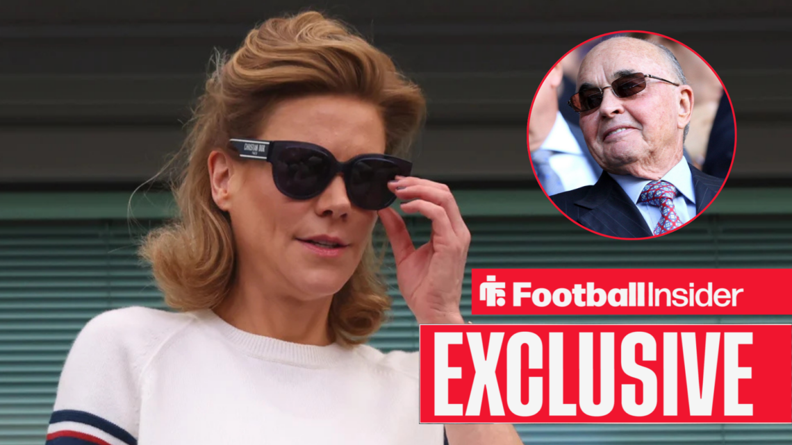 Amanda Staveley wearing sunglasses with Joe Lewis included in a circular inset