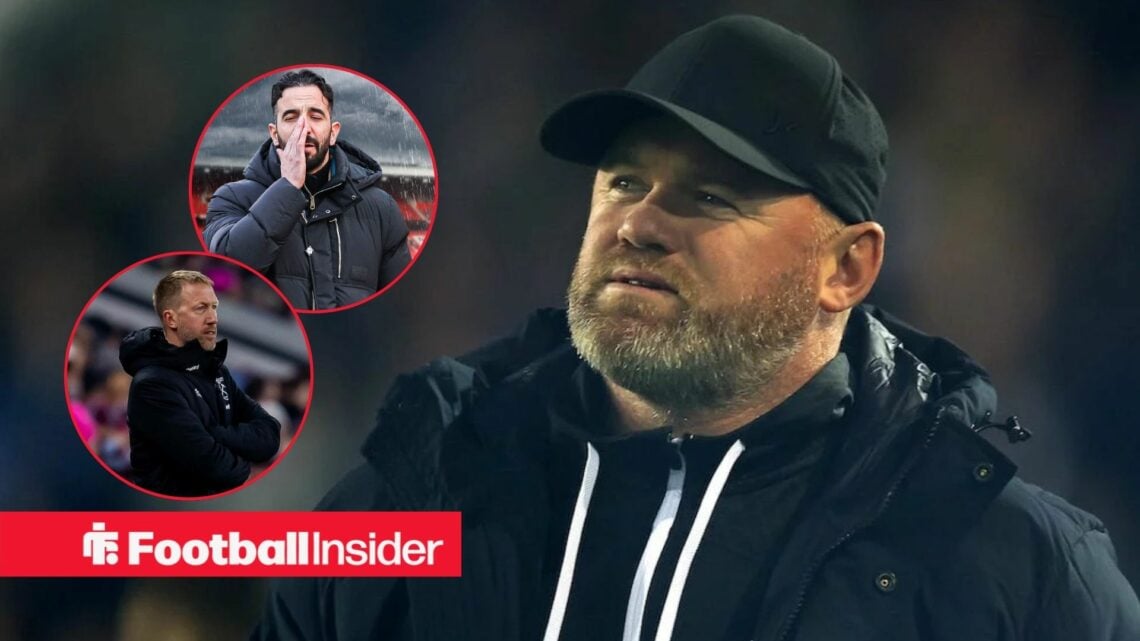 Wayne Rooney next to circular insets of Ruben Amorim and Graham Potter