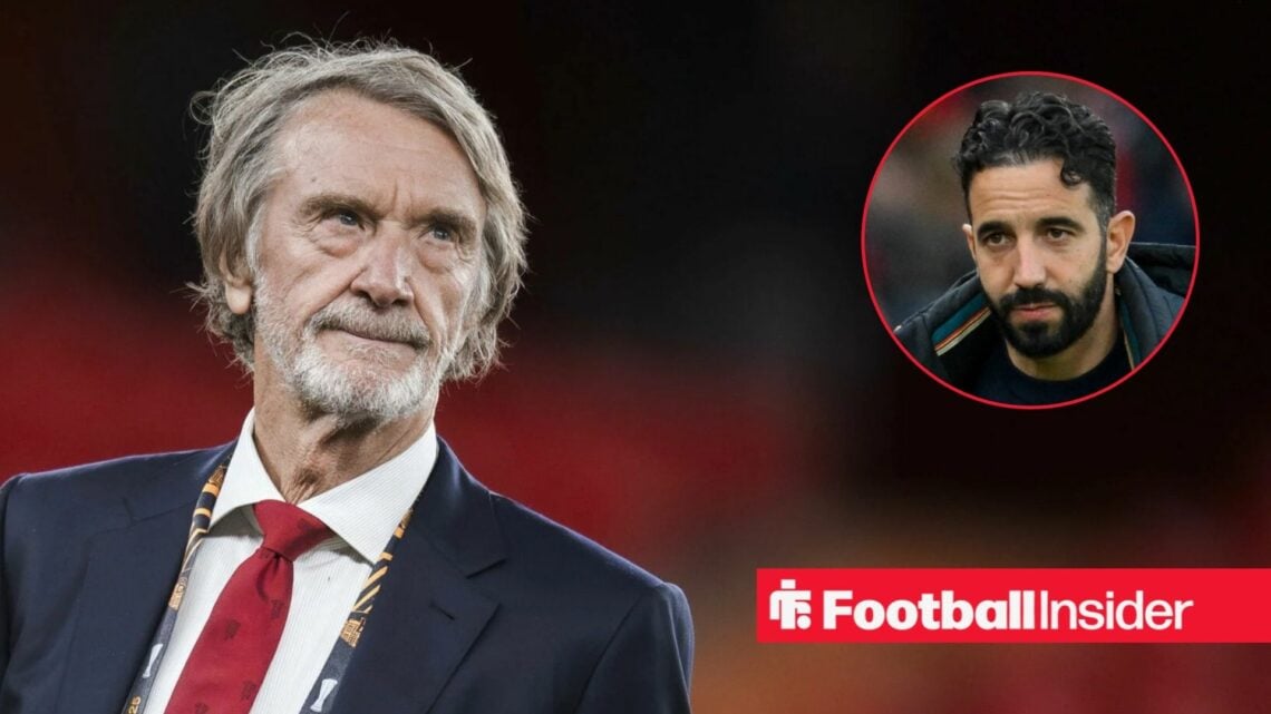 Sir Jim Ratcliffe looking unhappy with Ruben Amorim included in a circular inset