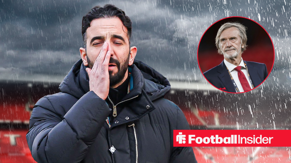 Man United owner Jim Ratcliffe in a circular frame next to boss Ruben Amorim looking worried