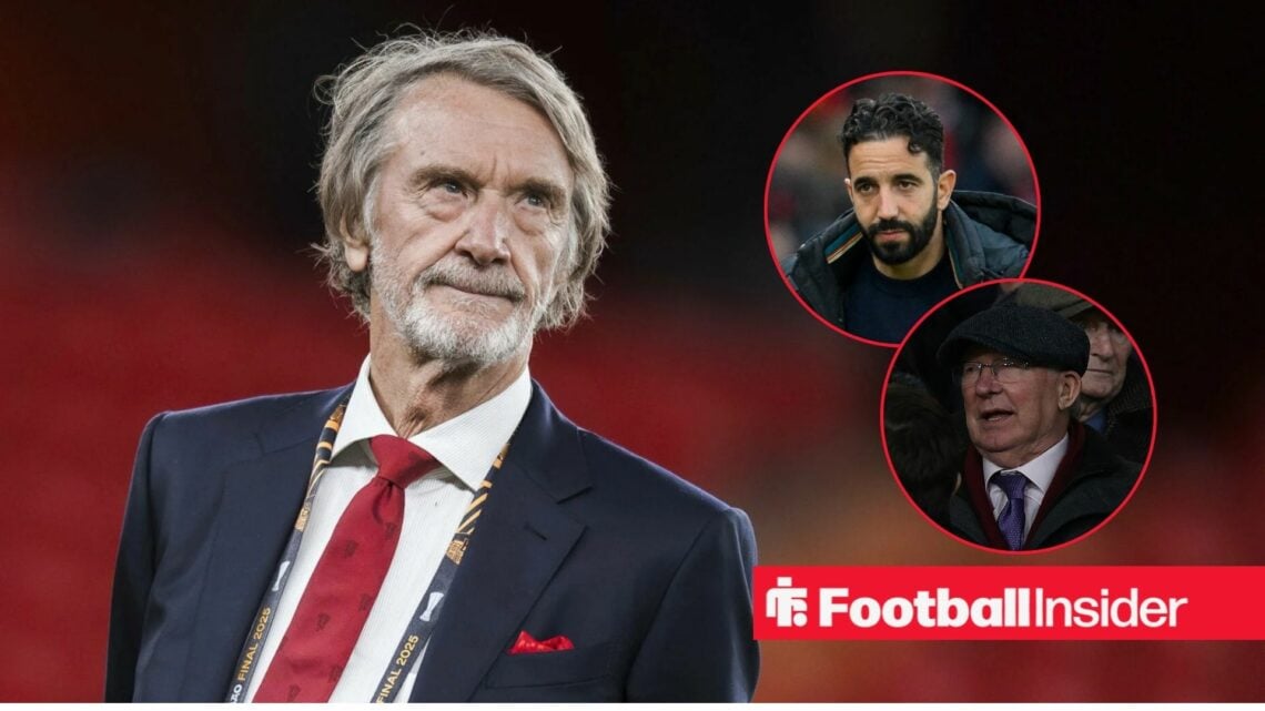 Jim Ratcliffe looking a circular insets of Ruben Amorim and Sir Alex Ferguson