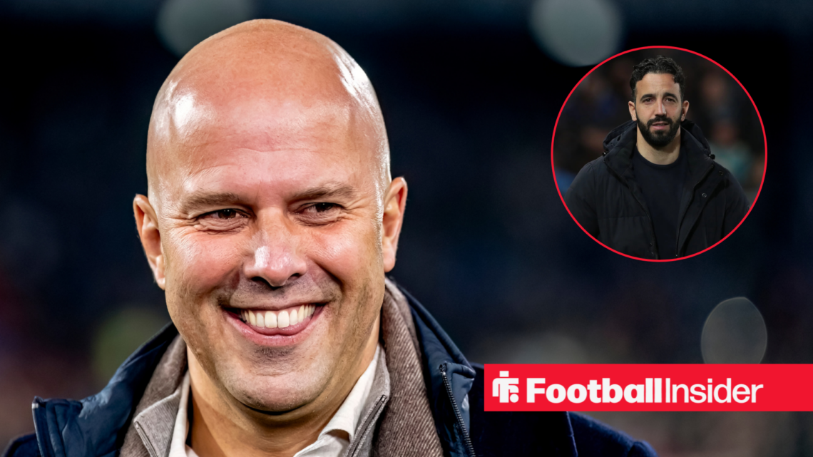 Arne Slot smiling, Ruben Amorim in a circular inset