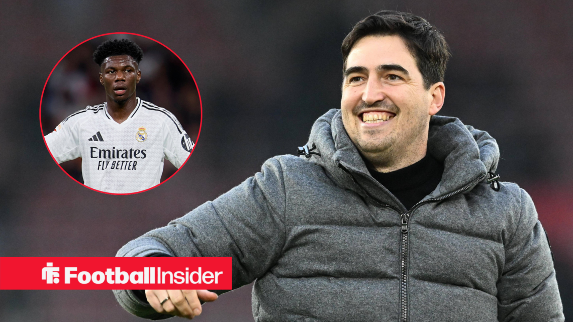 Andoni Iraola smiling, Aurelien Tchouameni in a circular inset