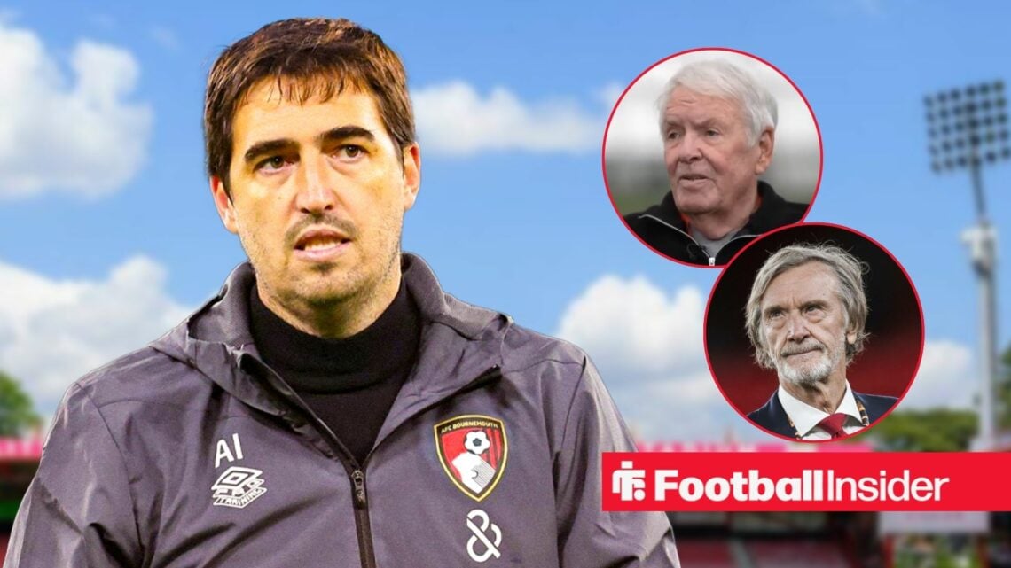 Bournemouth manager Andoni Iraola at the Vitality Stadium with club owner Bill Foley doing an interview and Man United owner Jim Ratcliffe both rig...