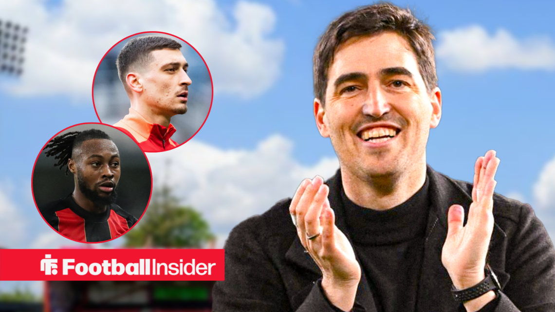 Andoni Iraola at Bournemouth stadium with Djordje Petrovic and Antoine Semenyo insets