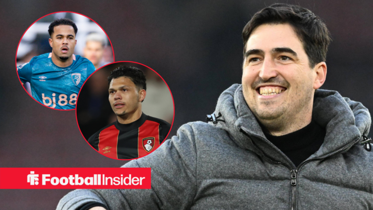 Andoni Iraola at Bournemouth with Evanilson and Justin Kluivert circle insets