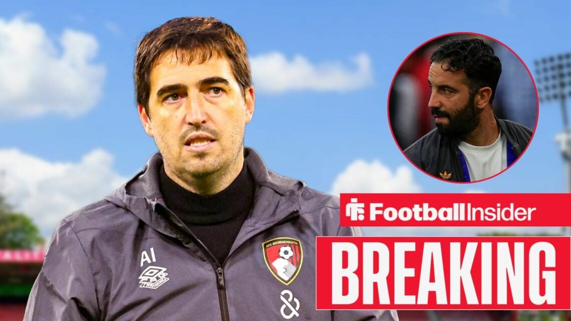 Andoni Iraola at the Vitality Stadium, with Ruben Amorim in a circular inset