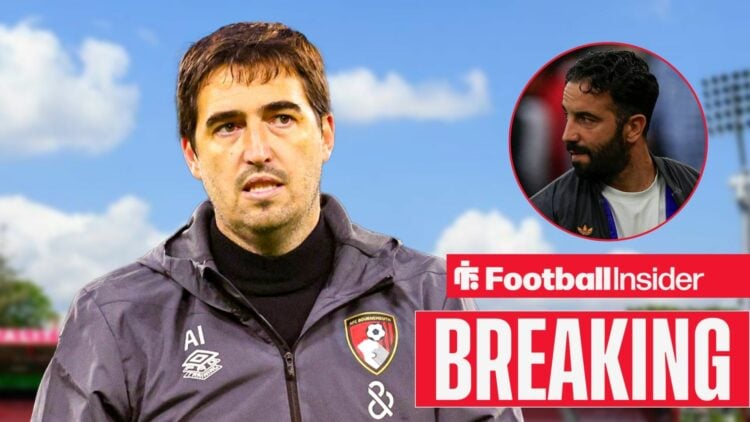 Andoni Iraola at the Vitality Stadium, with Ruben Amorim in a circular inset