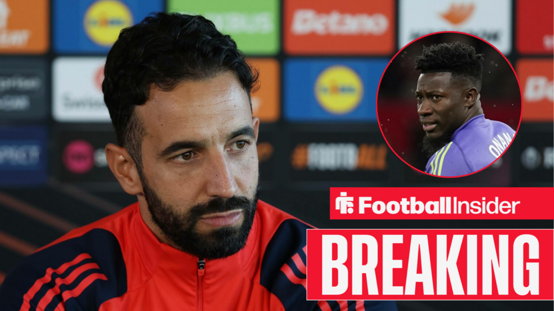 Ruben Amorim during a press conference for Man United, with Andre Onana in a circular inset