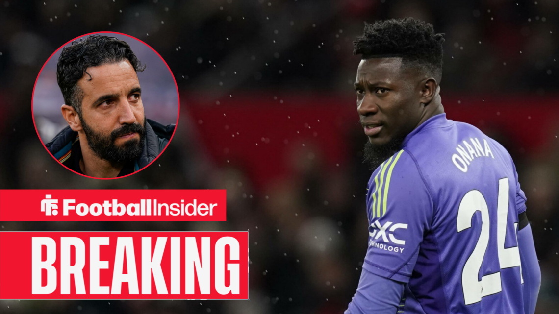 Man United goalkeeper Andre Onana, alongside a circular inset of Man United manager Ruben Amorim