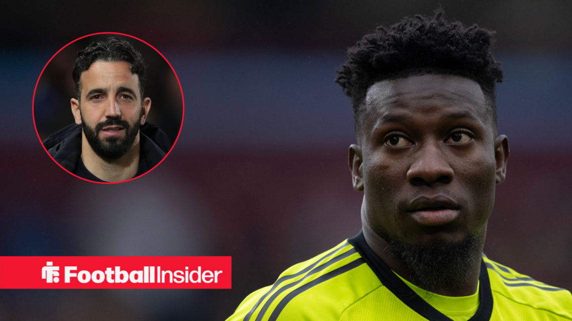 Manchester United goalkeeper Andre Onana, alongside a circular inset of a dejected looking Ruben Amorim