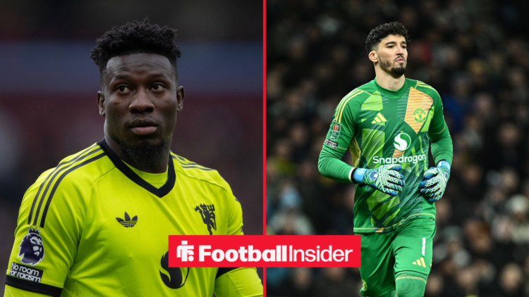 Andre Onana in a lime Man United kit and Altay Bayindir in a green Man United kit