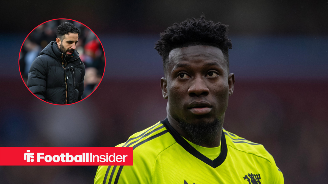 Andre Onana in a yellow Manchester United kit and Ruben Amorim in a black coat in a red circle