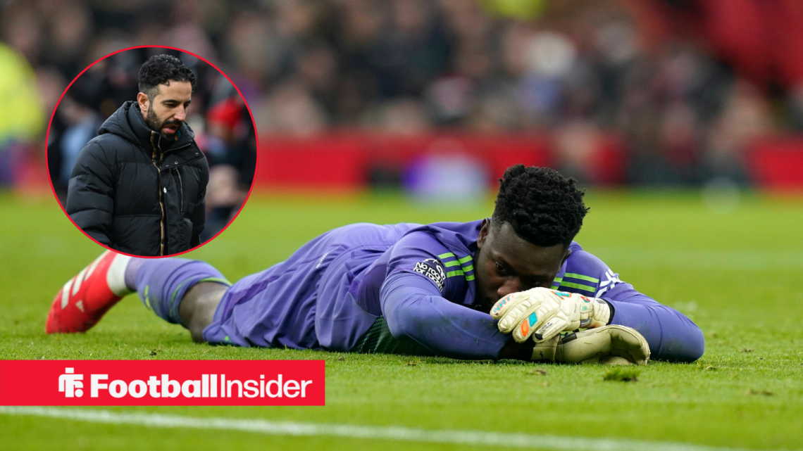 Andre Onana in a purple Manchester United kit and Ruben Amorim in a black coat in a red circle