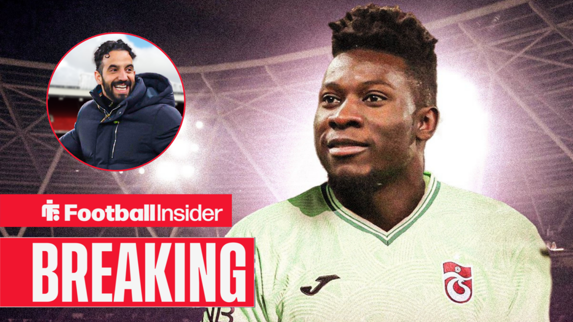 Andre Onana in a Trabzonspor kit smiling and Man United manager Ruben Amorim celebrating left inset