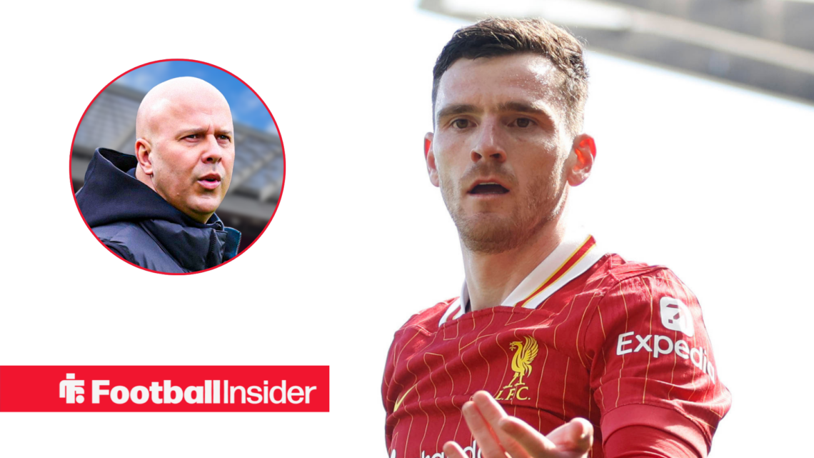 Liverpool's Andy Robertson asking for a ball with manager Arne Slot looking at him at Anfield left inset