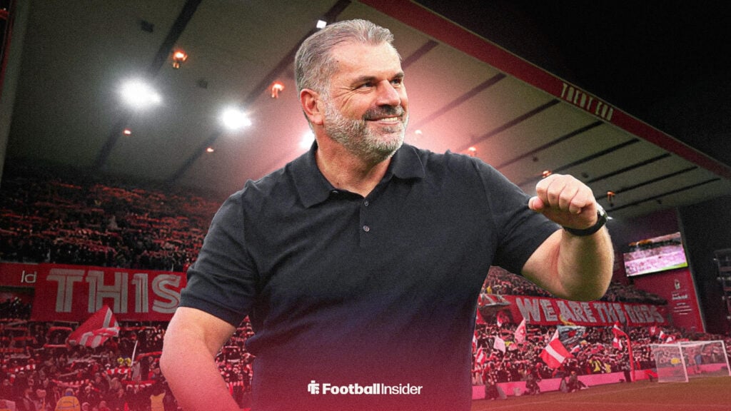 Nottingham Forest manager Ange Postecoglou against a back drop of the City Ground.