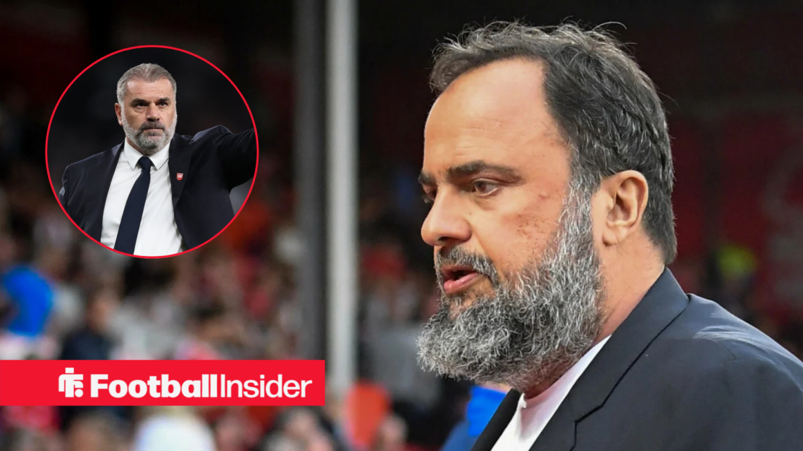 Evangelos Marinakis looking at a circular inset of Ange Postecoglou