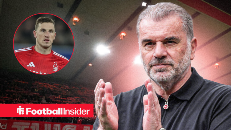 Nottingham Forest manager Ange Postecoglou alongside a circular inset of Chris Wood.