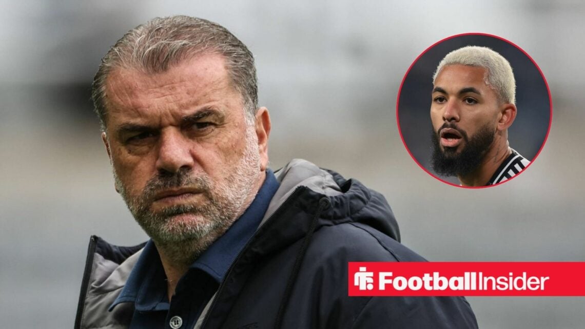 Nottingham Forest manager Ange Postecoglou alongside a circular inset of Douglas Luiz