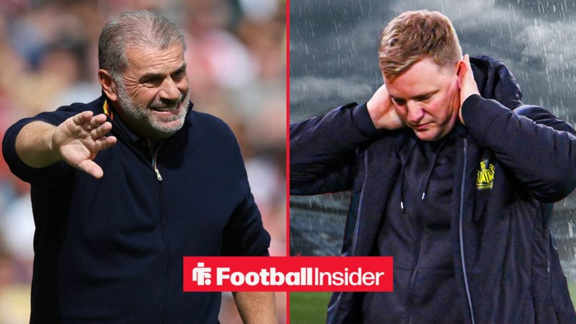 Ange Postecoglou looking concerned alongside Eddie Howe looking upset