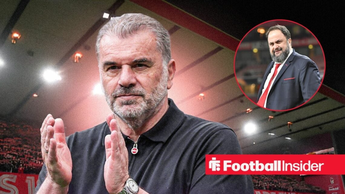 Nottingham Forest boss Ange Postecoglou applauding alongside an image of owner Evangelos Marinakis