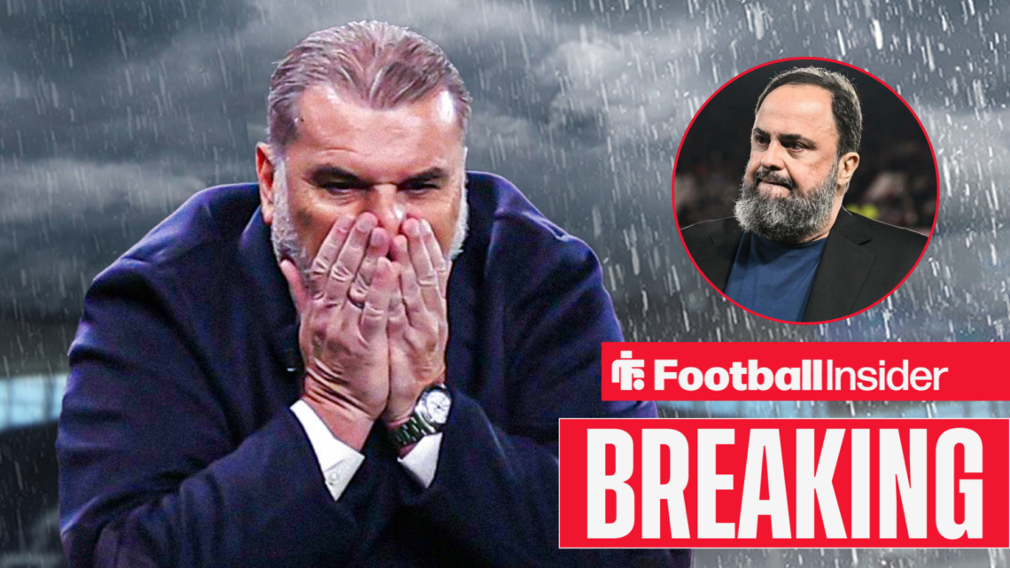 Ange Postecoglou in the pouring rain, Evangelos Marinakis in a circular inset