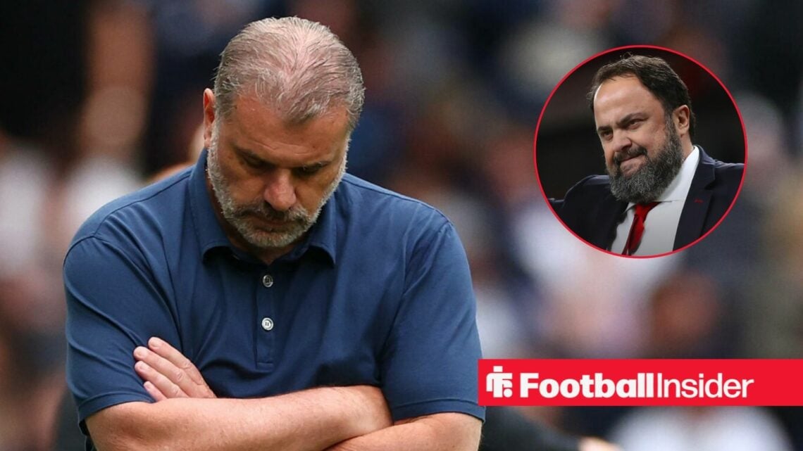 Ange Postecoglou looking dejected on the touchline, with Evangelos Marinakis in a circular inset