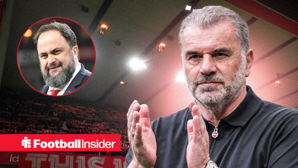 Nottingham Forest manager Ange Postecoglou against a back drop of the City Ground alongside a circular inset of Nottingham Forest owner Evangelos M...