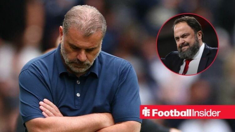 Ange Postecoglou looking dejected on the touchline, with Evangelos Marinakis in a circular inset