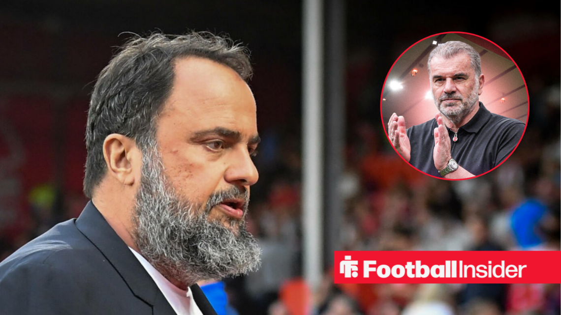 Nottingham Forest owner Evangelos Marinakis alongside an image of new boss Ange Postecoglou