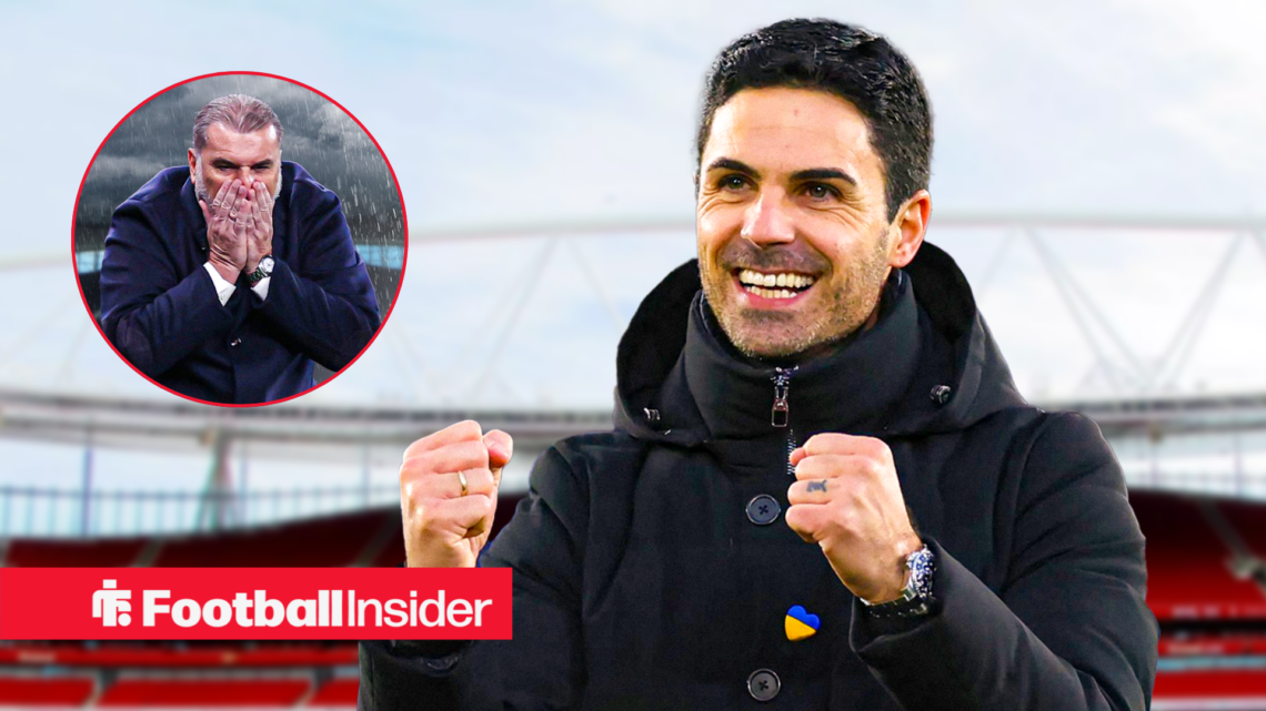Nottingham Forest boss Ange Postecoglou looking worried in a circular frame next to an image of Arsenal boss Mikel Arteta celebrating