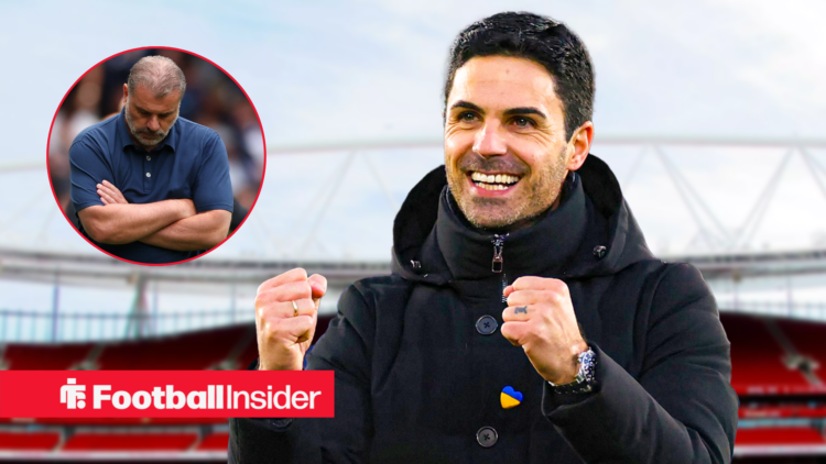 Nottingham Forest boss Ange Postecoglou looking to the ground next to an image of Arsenal boss Mikel Arteta celebrating