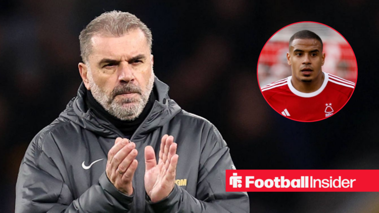 Ange Postecoglou applauding with Murillo in Nottingham Forest shirt inset