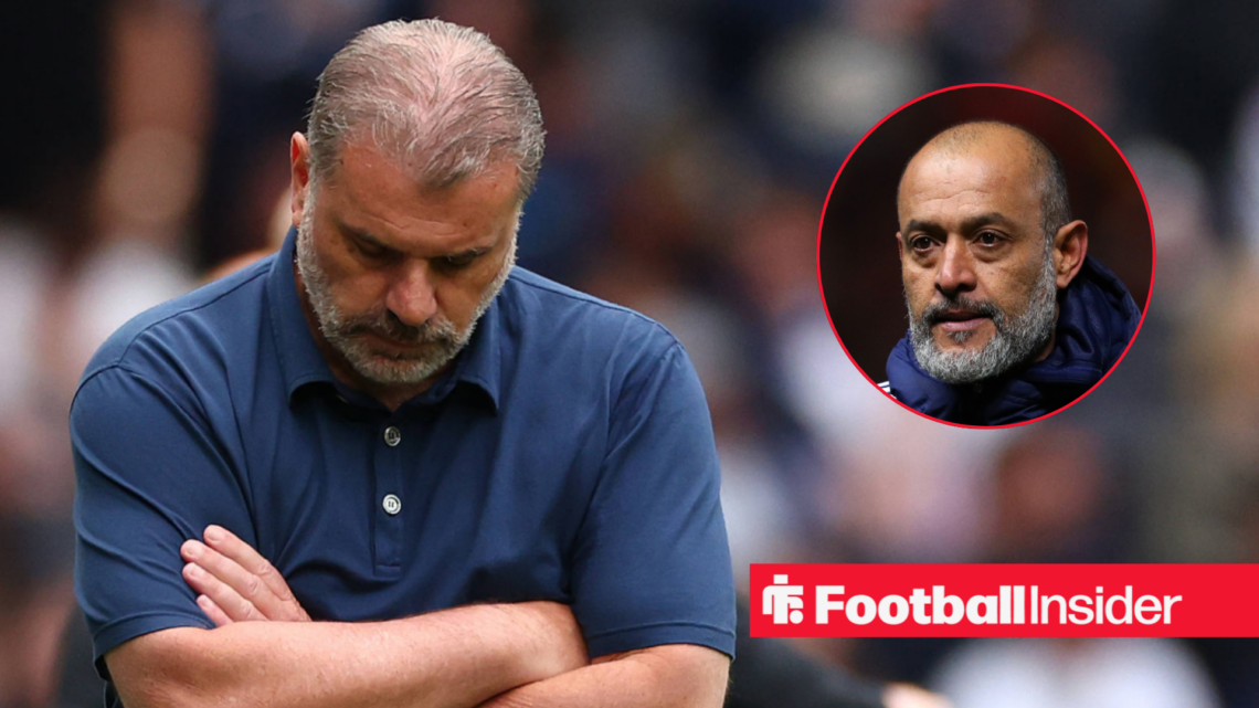 Ange Postecoglou looking upset on the sidelines as Tottenham boss with former Nottingham Forest boss Nuno Espirito Santo right inset