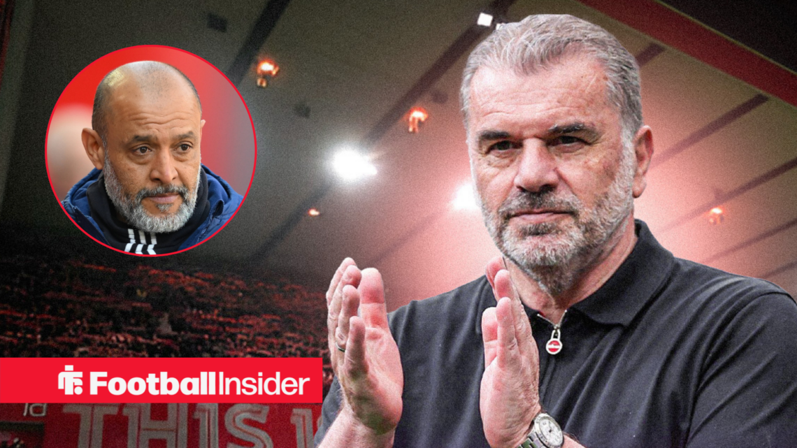 Ange Postecoglou against a back drop of the City Ground alongside a circular inset of former Nottingham Forest manager Nuno Espirito Santo