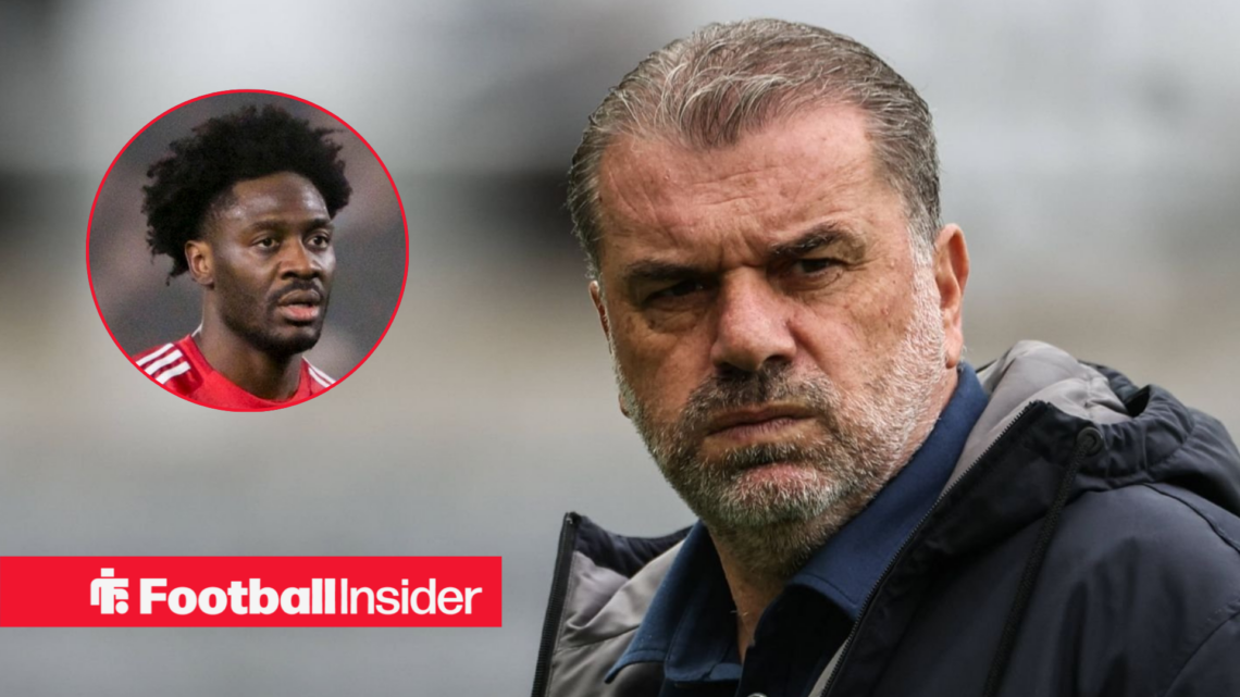 Nottingham Forest manager Ange Postecoglou looking at camera concerned with player Ola Aina looking at him left inset