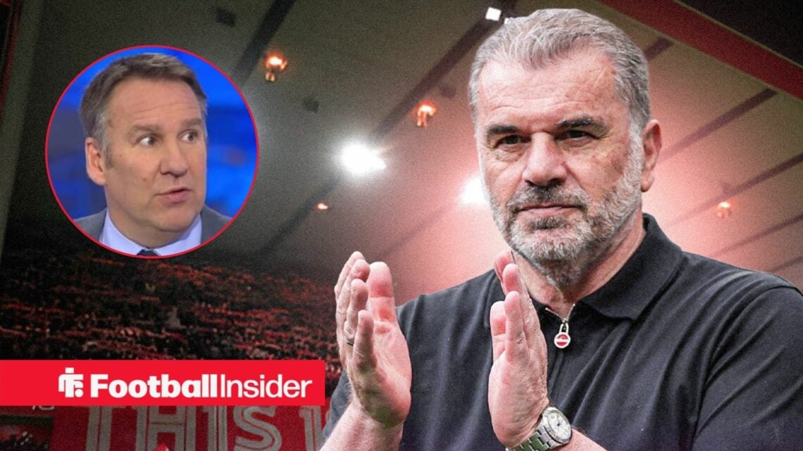 Ange Postecoglou against the backdrop of the City Ground alongside a circular inset of Paul Merson
