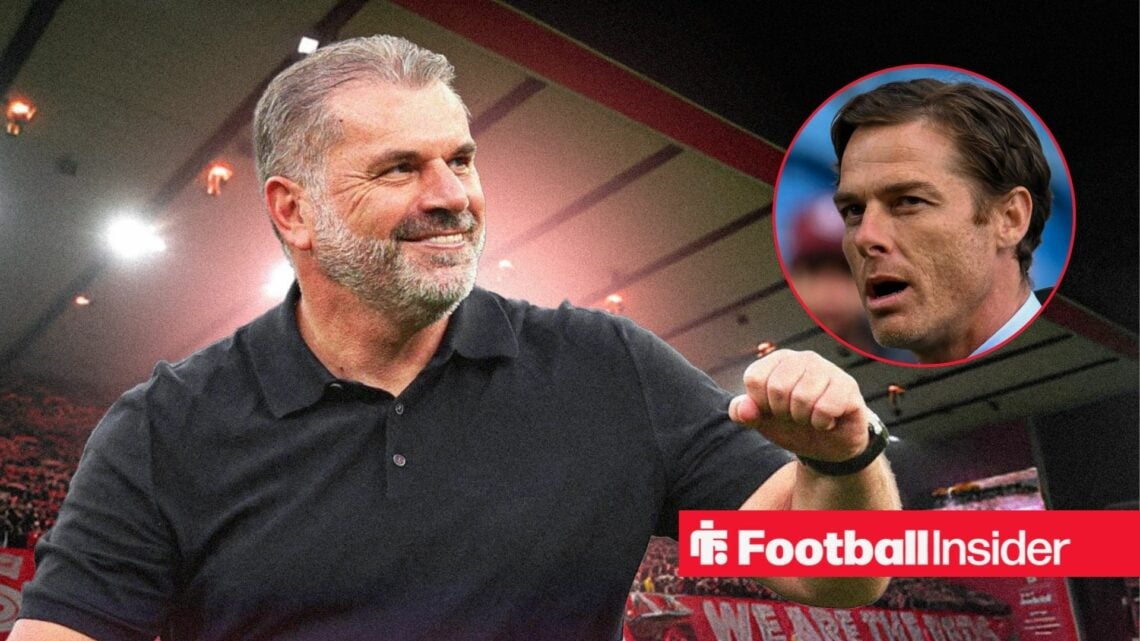 Nottingham Forest manager Ange Postecoglou against a back drop of the City Ground alongside a circular inset of Burnley manager Scott Parker
