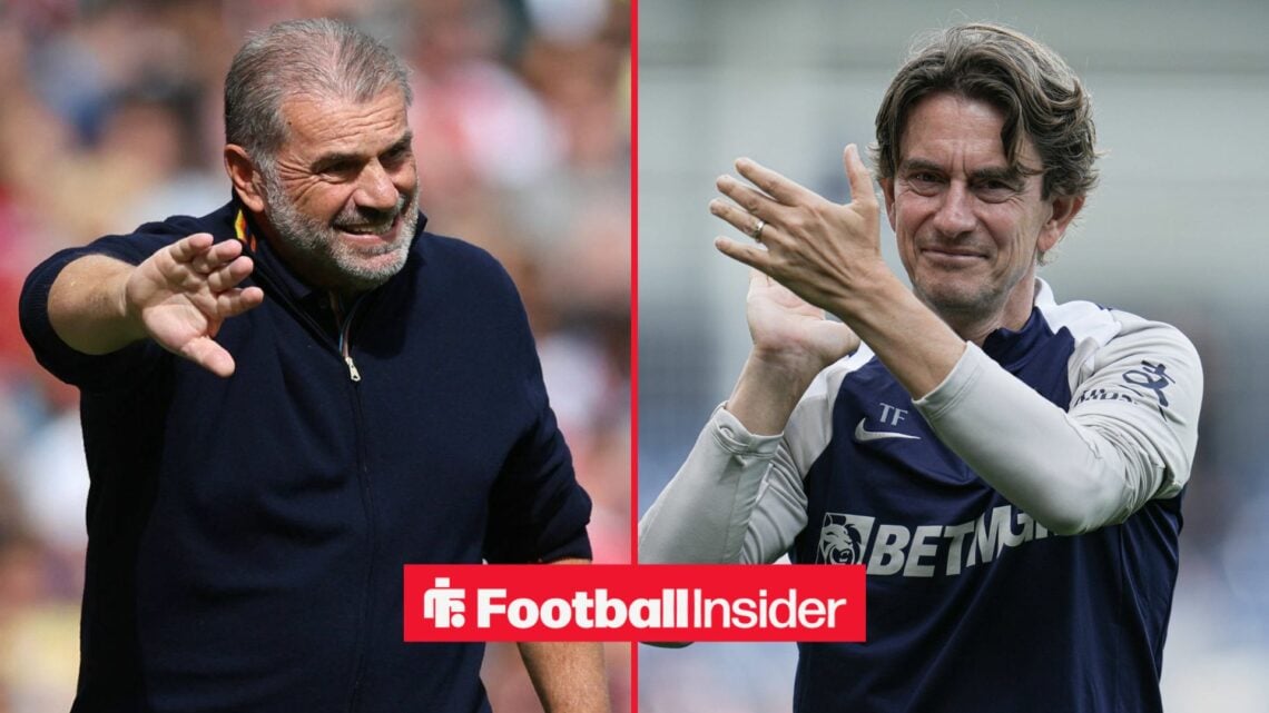 Ange Postecoglou grimacing, Thomas Frank clapping